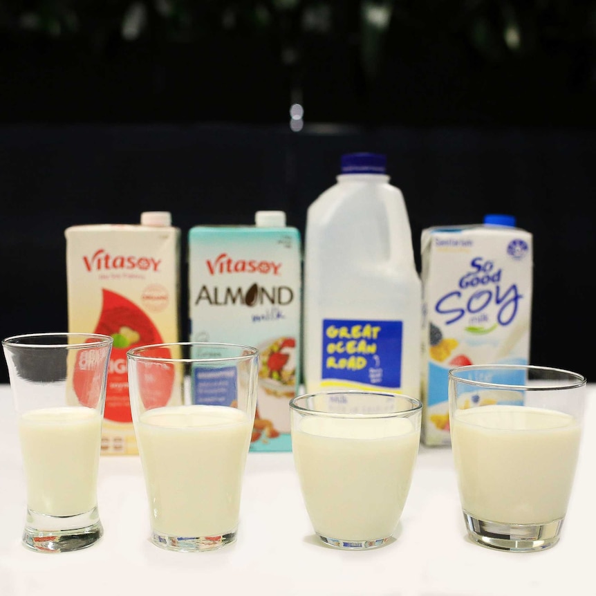 Glasses of cows milk, soy milk and almond milk in front of their containers.