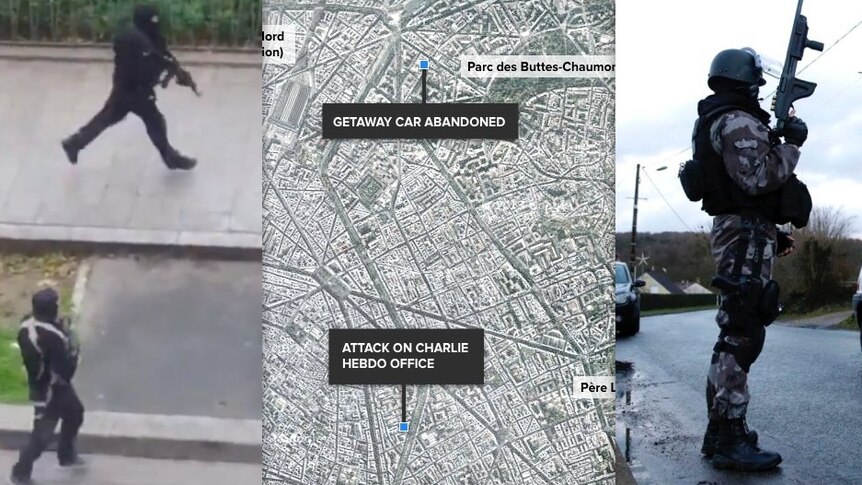 Charlie Hebdo shooting: composite image showing scenes of the attack