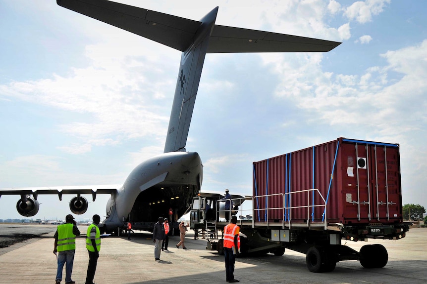 RAAF C-17A Globemaster offloads aid in Sudan.