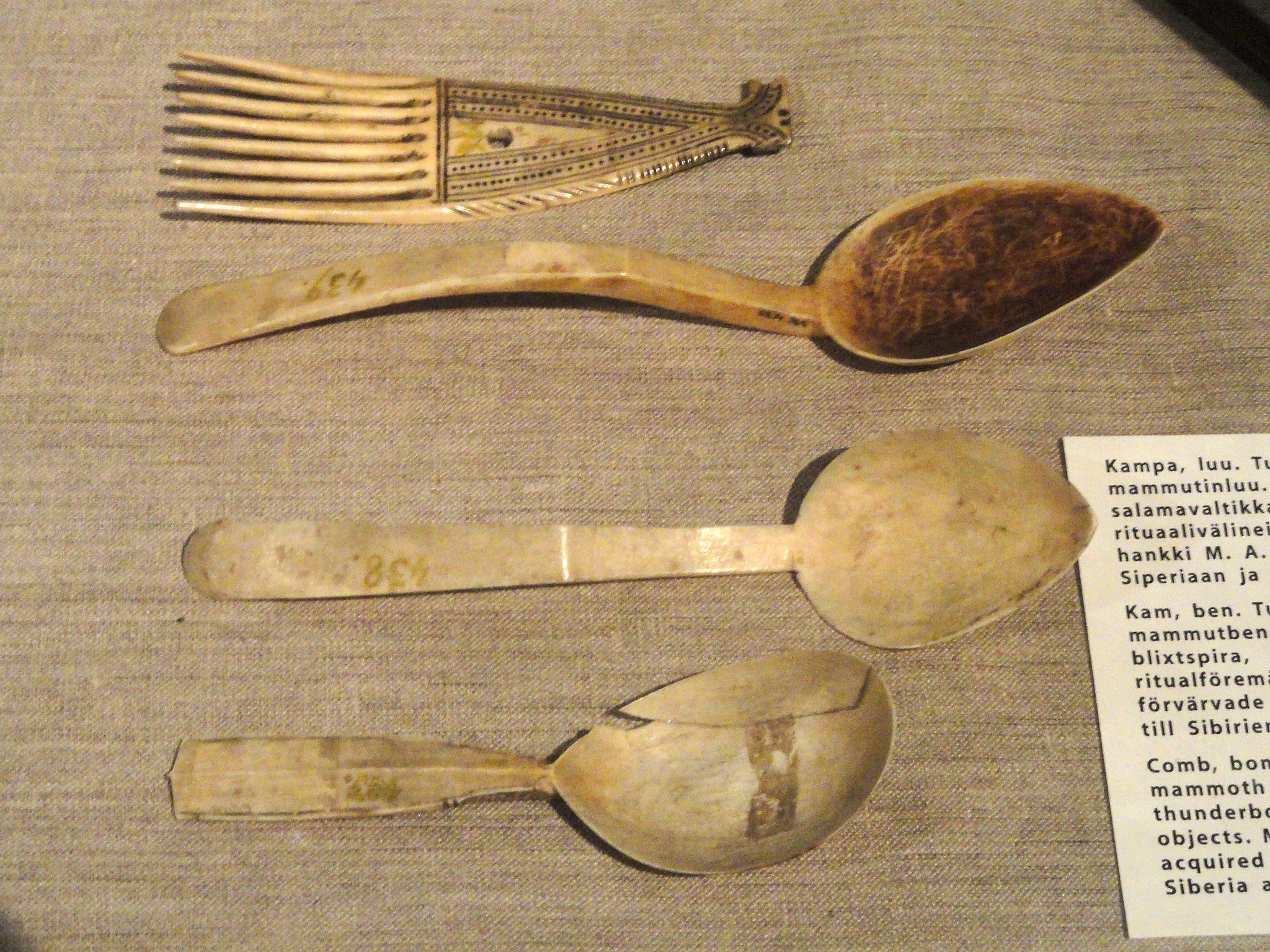 Ancient ivory combs and spoons in museum exhibition
