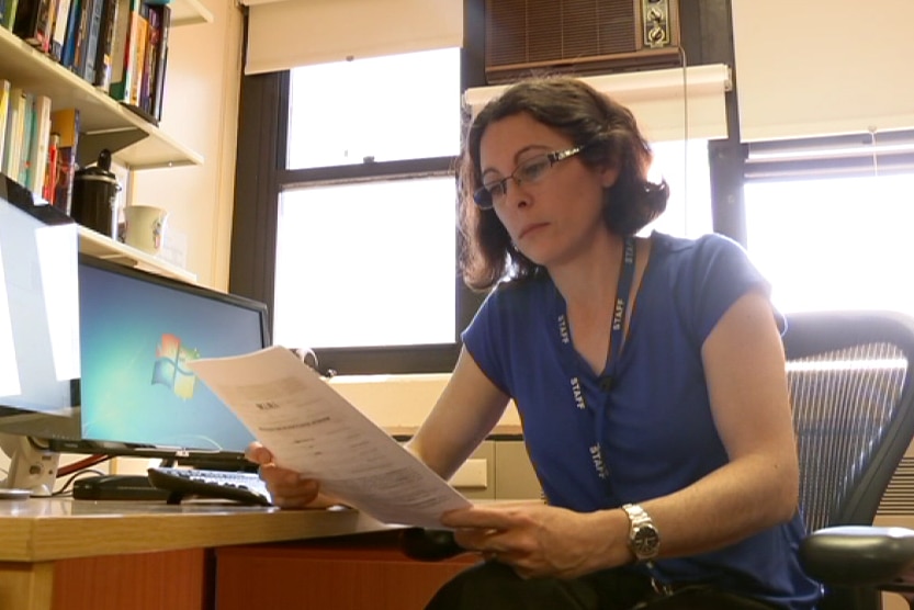 Psychologist, Viviana Wuthrich, sitting at her desk at Macquarie University. October 2017