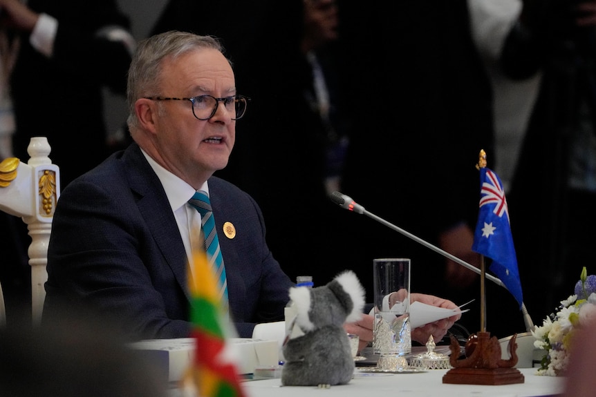Anthony Albanese sits at a table with a koala and Australian flag. 