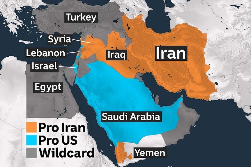 A map of the Middle East is pictured with Iraq, Iran and Syria in orange and Israel and Saudi Arabia in blue.