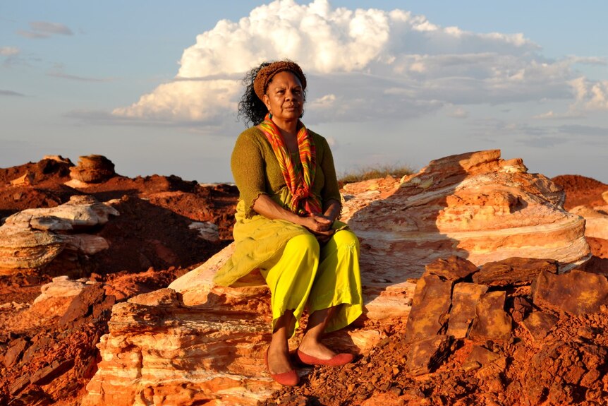 A mature-aged Indigenous Australian woman looks out over the landscape at James Price Point. 