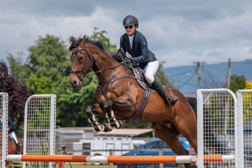 A rider wearing helmet, dark jacket, white jodhpurs and boots rides a horse jumping over a jump.