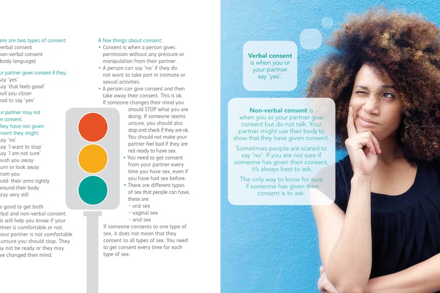 PDF of sexual health booklet featuring woman with brown curly hair pulling a thinking face surrounded by text about consent.