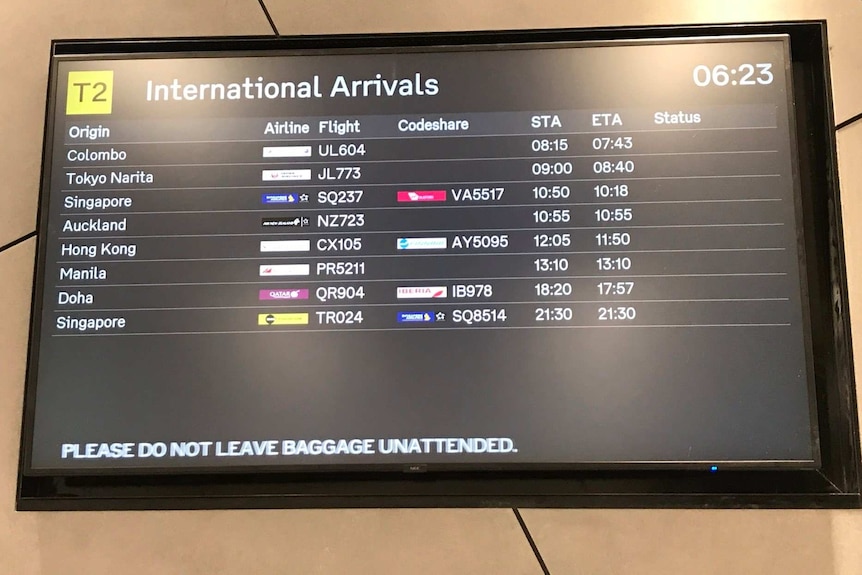 A photo of the International Arrivals board at Melbourne Airport.