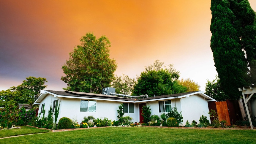 A single-storey white house with a neat yard, with a setting sky in the background for a story about how to maintain a garden.