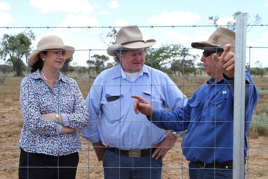Premier Annastacia Palaszczuk, Wild Dog Fencing commissioner Vaughan Johnson and grazier John Macmillan standing behind a fence.