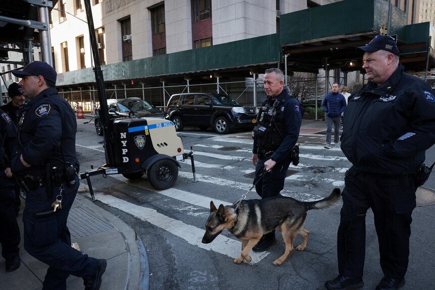 Police officers walking a German Shepherd cross a New York street