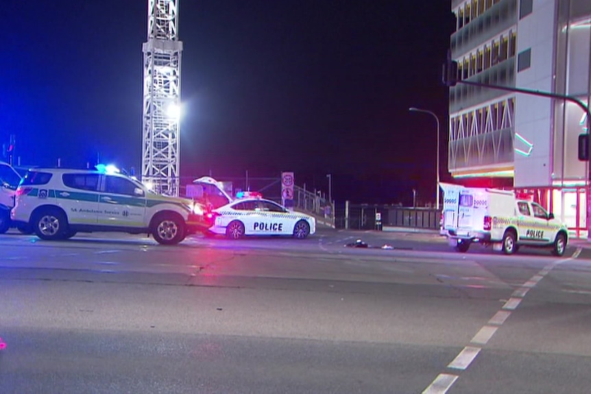 Police vehicles and an ambulance on a city street