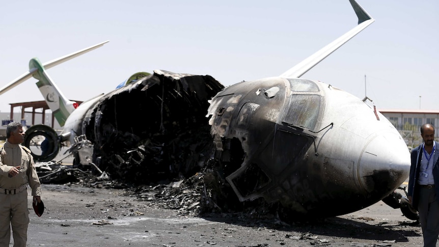A destroyed plane in Sanaa, Yemen
