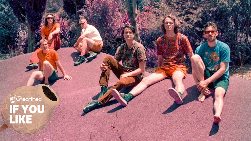 The six members of King Gizzard & The Lizard Wizard sitting on a sand dune.