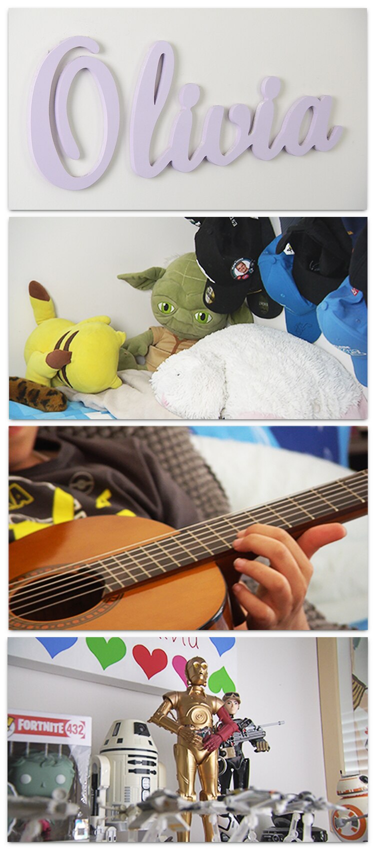 Photos from inside Olivia Purdie's room including starwars toys and playing the guitar.