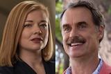 A composite image of Sarah Snook in character in Succession and Murray Bartlett in character in White Lotus.