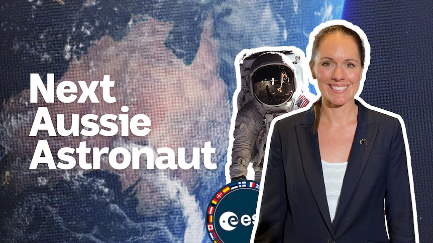 Katherine Bennell-Pegg smiling to camera. A spacesuit, the ESA logo and planet earth in the background.