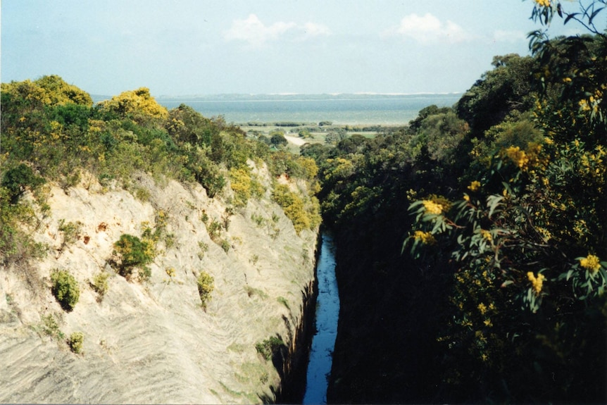Water flows down a channel between two cuttings.
