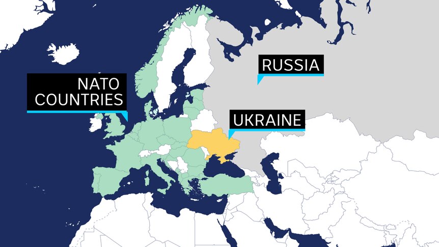 A graphic shows a map of Europe with NATO countries, Russia and Ukraine highlighted