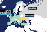 A graphic shows a map of Europe with NATO countries, Russia and Ukraine highlighted