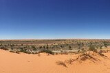 View from Big Red sand dune in the Simpson Desert in outback Queensland, with vehicle in distance at base of the dune.