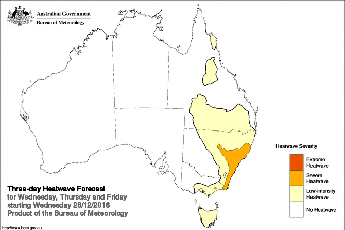 Three-day heatwave forecast for December 28 to 30, 2016.