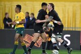 Liam Squire and Rieko Ioane hug each other after an All Blacks try.