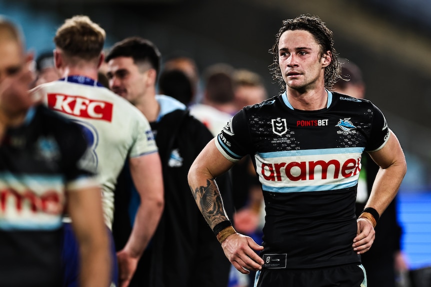 Nicho Hynes looks on after Sharks' NRL loss to Bulldogs.