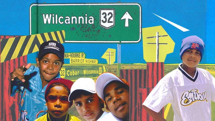 Collage image of members of The Wilcannia Mob in 2002 in front of a road sign.