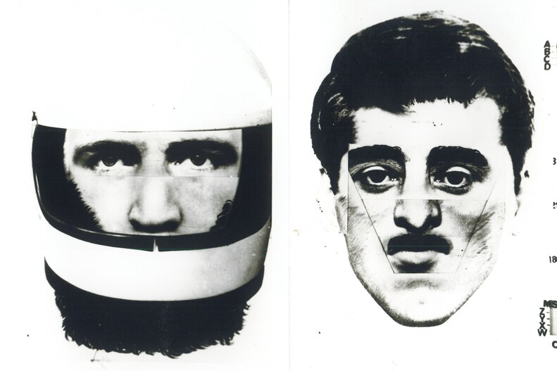 A drawing of a man in a white motorcycle helmet and a man with a mustache 