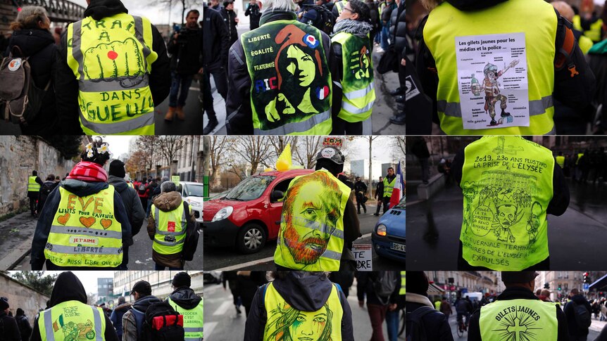 Six images show drawings on the vests of yellow vest protesters in France.