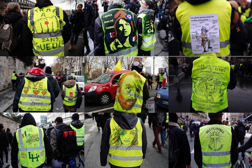 Six images show drawings on the vests of yellow vest protesters in France.