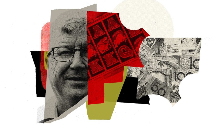 An artist's image using a black and white photo of Greg Farrell, next to an image of a poker machine screen and bank notes.