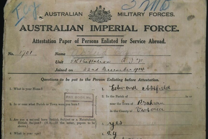 Private Attfield's enlistment papers