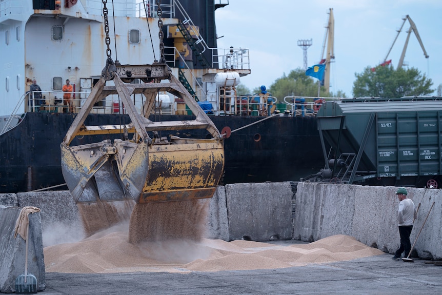 Workers load grain onto a ship using a crane at a grain port in Izmail, Ukraine.