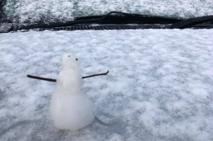 A tiny snowman on a car at Colac.
