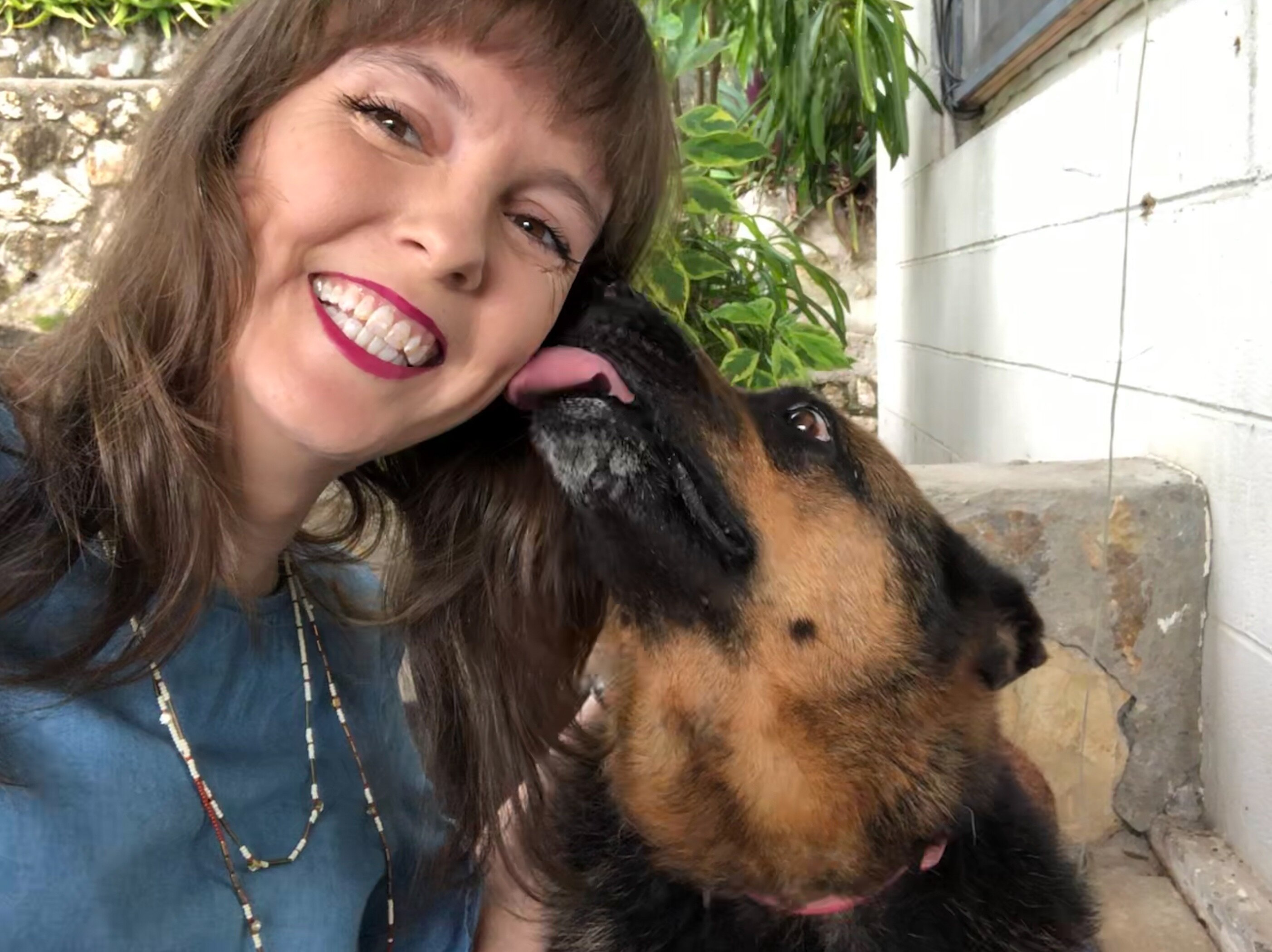 A great big German Shepherd licks a woman's face as she grins at the camera