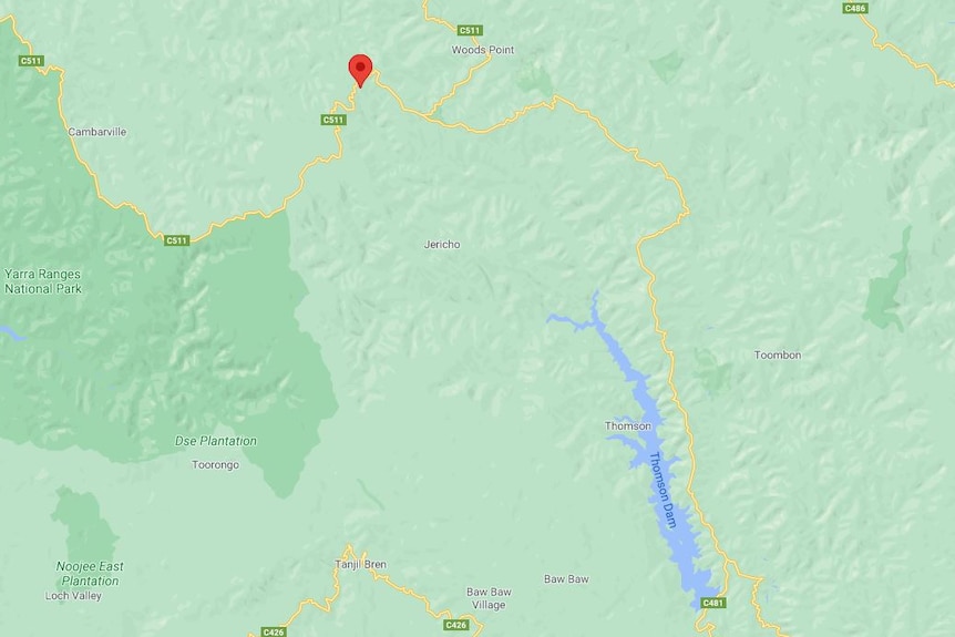 A map that shows the Thomson Dam, with the site of the alleged logging breach marked in red, about 20 kilometres north-east.
