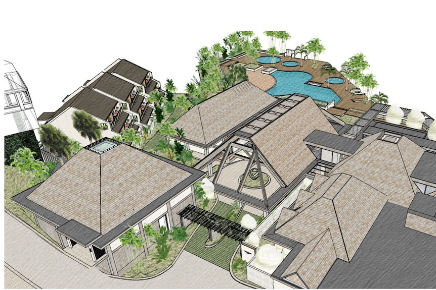 A graphic design of several buildings and a pool. 