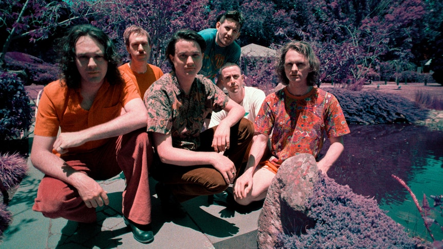 A 2021 press shot of King Gizzard and the Lizard Wizard for Butterfly 3000