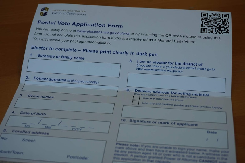 A close-up photo of a WA Electoral Commission postal vote application form.