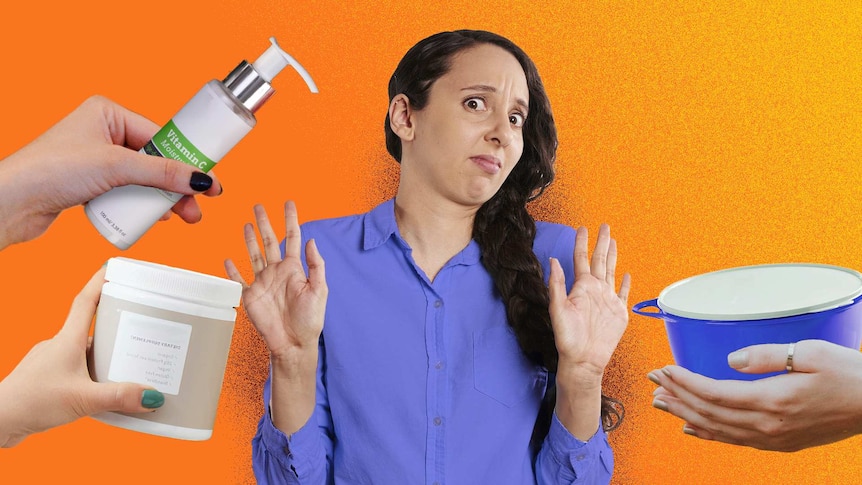 Woman throwing her hands up at beauty products for a story about how multi-level marketing impacts friendships.