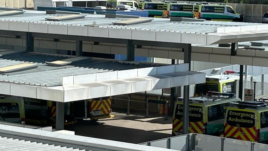 Ambulances ramped on the fourth floor of a car park at Flinders Medical Centre.