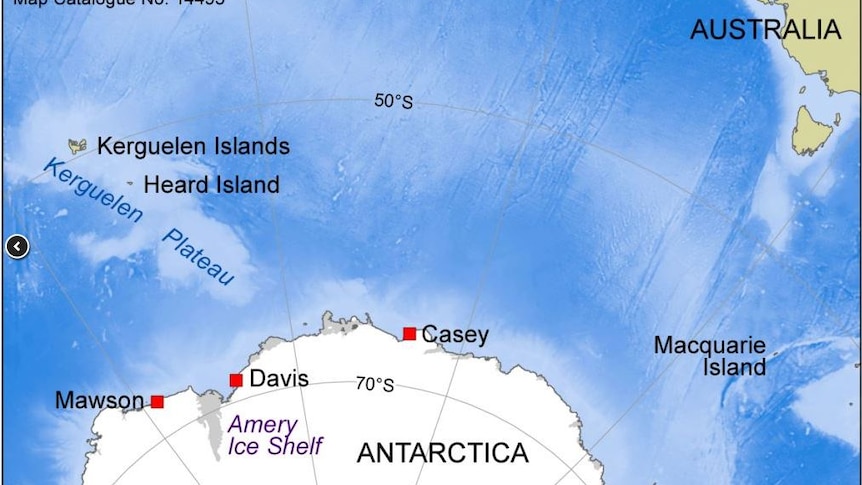 A map showing the location of the Kerguelen Plateau, north of Mawson and Davis Stations.