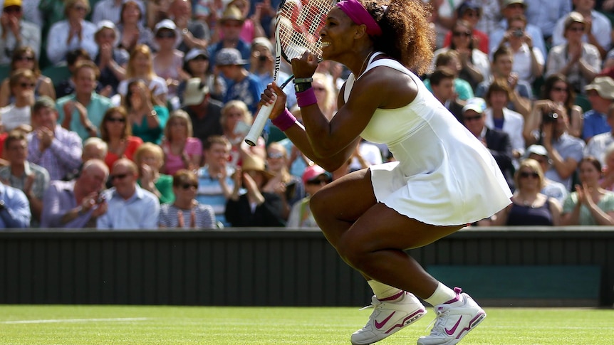 Serena Williams celebrates match point during her semi-final win at Wimbledon.