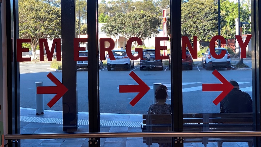Red letters on a window spelling the word emergency with arrows pointing to the right, people cars and trees beyond the window