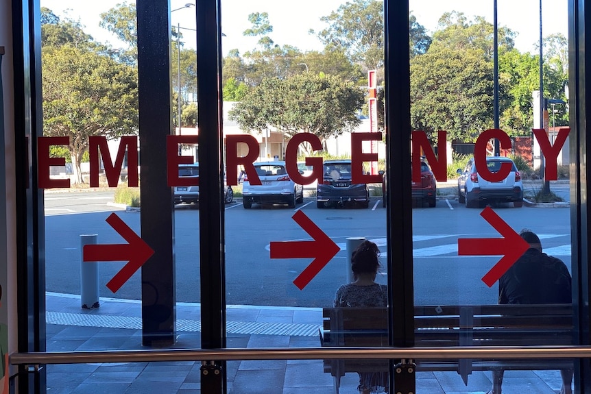 Red letters on a window spelling the word emergency with arrows pointing to the right, people cars and trees beyond the window