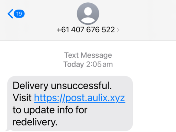 A text message that reads Delivery unsuccessful. Visit provided link to update info for redelivery.