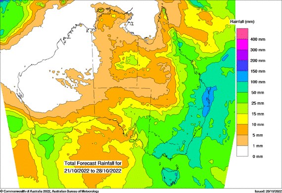 green and blue indicating rainfall up the east coast