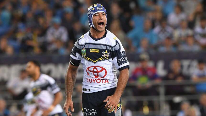 Johnathan Thurston yells out during the Cowboys versus Titans match.