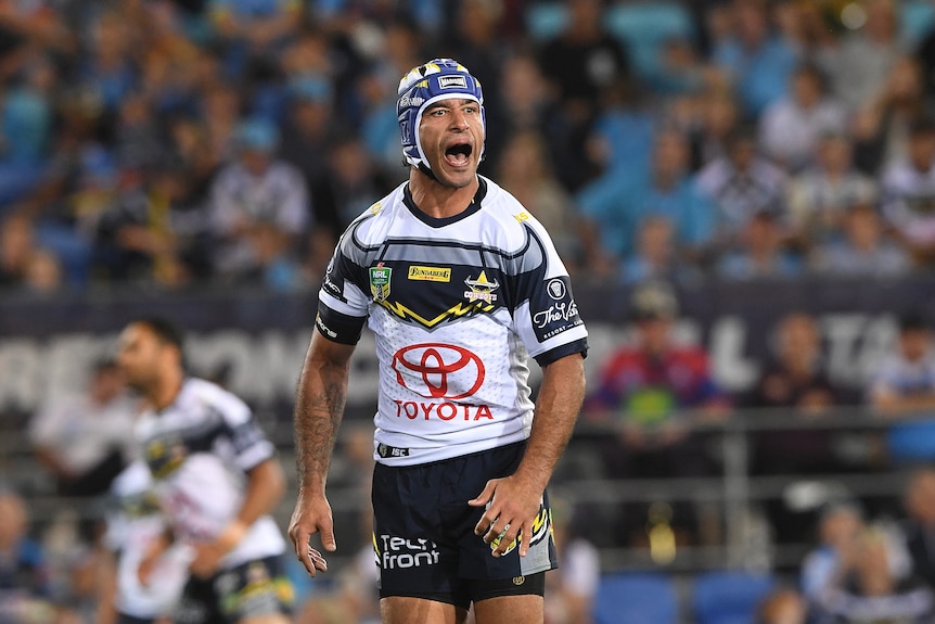 Johnathan Thurston yells out during the Cowboys versus Titans match.